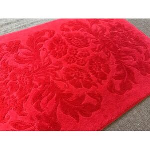 Vintage Red Damask Sculpted Bath Mat Rug 100% Cotton 28x18 USA 70s 80s Martex